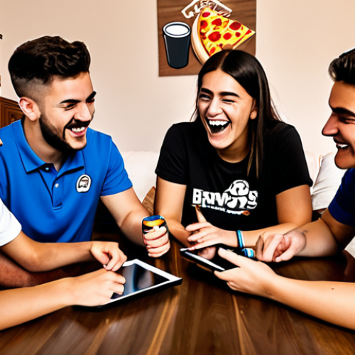Home 4 Strategic Brawl Stars Team**
"A group of fully clothed friends in their late teens, early twenties, laughing and strategizing around a table with a Brawl Stars game displayed on a tablet. Pizza boxes and energy drinks are scattered around. Background: A warmly lit, casual living room in Italy. Safe for work, appropriate content, professional, family-friendly, perfect anatomy, correct proportions, well-formed hands, proper finger count, natural body proportions, modest clothing, appropriate attire."
**