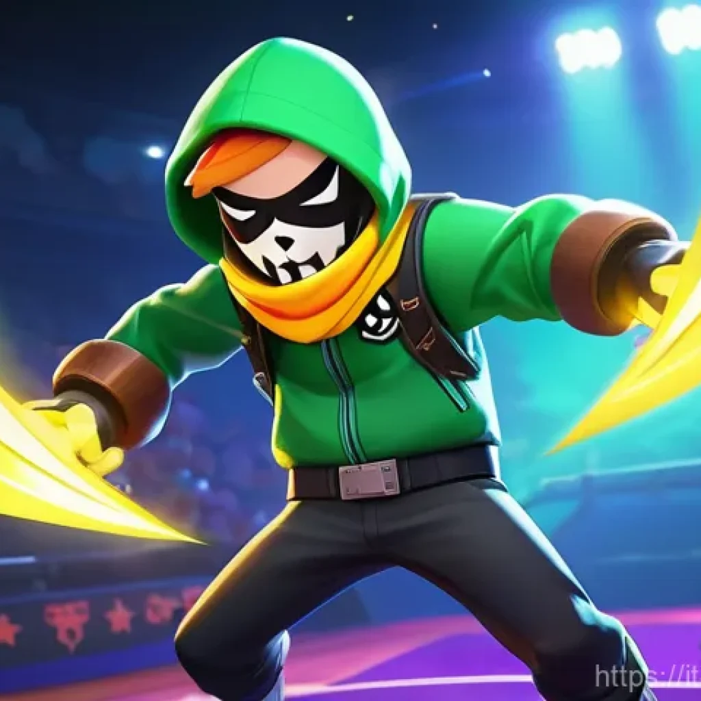 브롤스타즈 레온 상위 티어 공략 - **Prompt:** A dynamic, action-packed scene featuring Leon from Brawl Stars, in his iconic hooded jac...