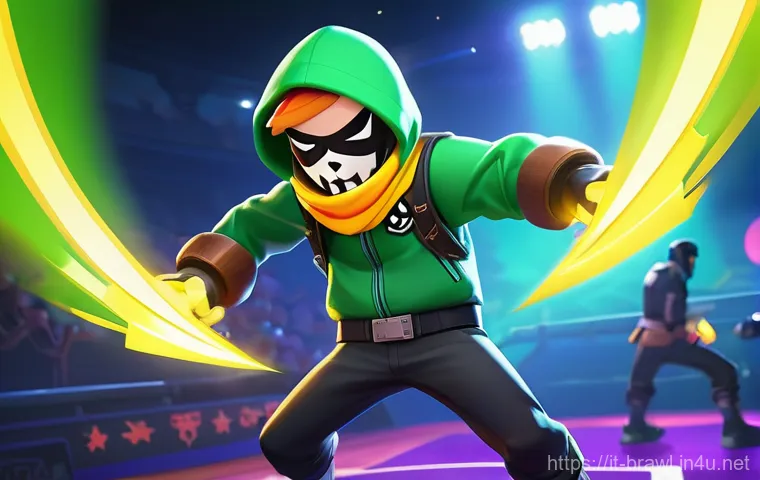 브롤스타즈 레온 상위 티어 공략 - **Prompt:** A dynamic, action-packed scene featuring Leon from Brawl Stars, in his iconic hooded jac...