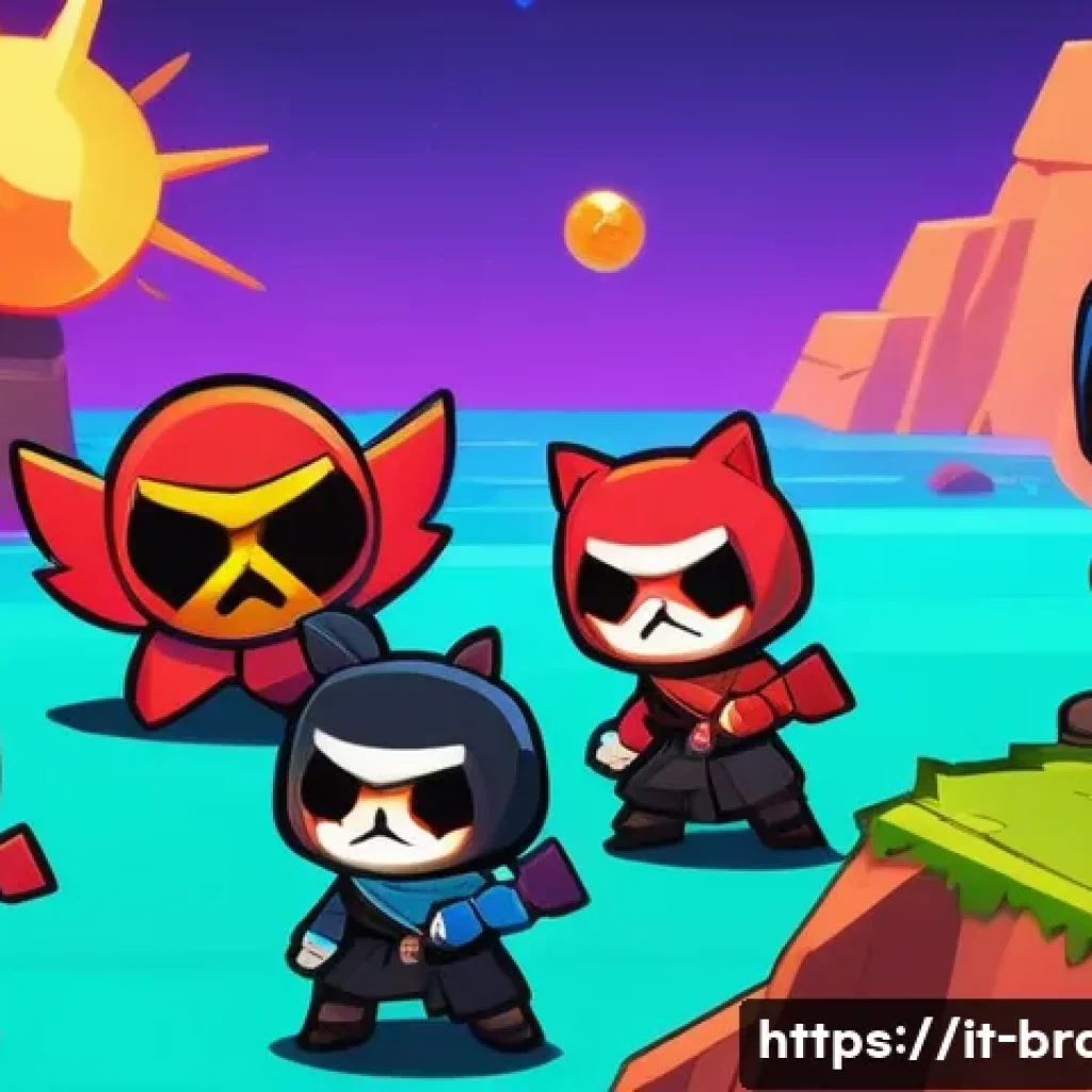 브롤스타즈 핀 활용법 - **Prompt Title:** Coordinated Brawl Stars Team Pushing an Objective
    **Description:** An action-p...