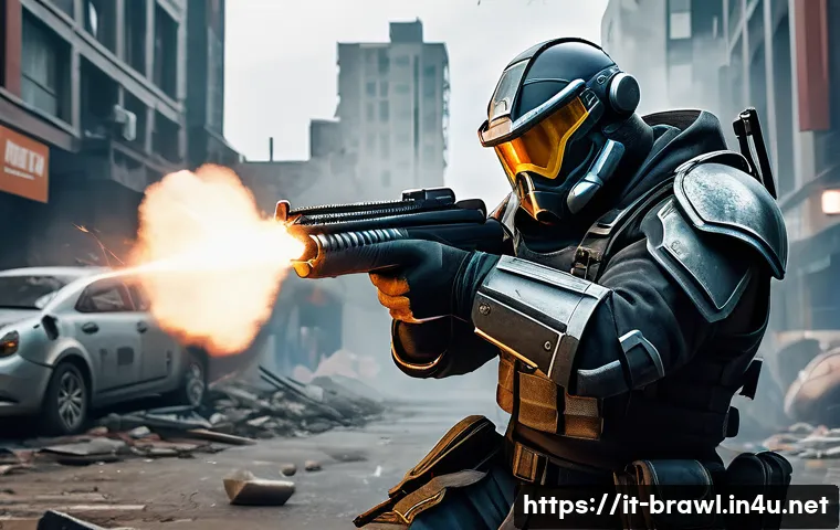 브롤스타즈 캐릭터별 스킬 비교 - A dynamic close-combat brawler resembling a rugged frontline fighter, wearing sturdy armor and wield...