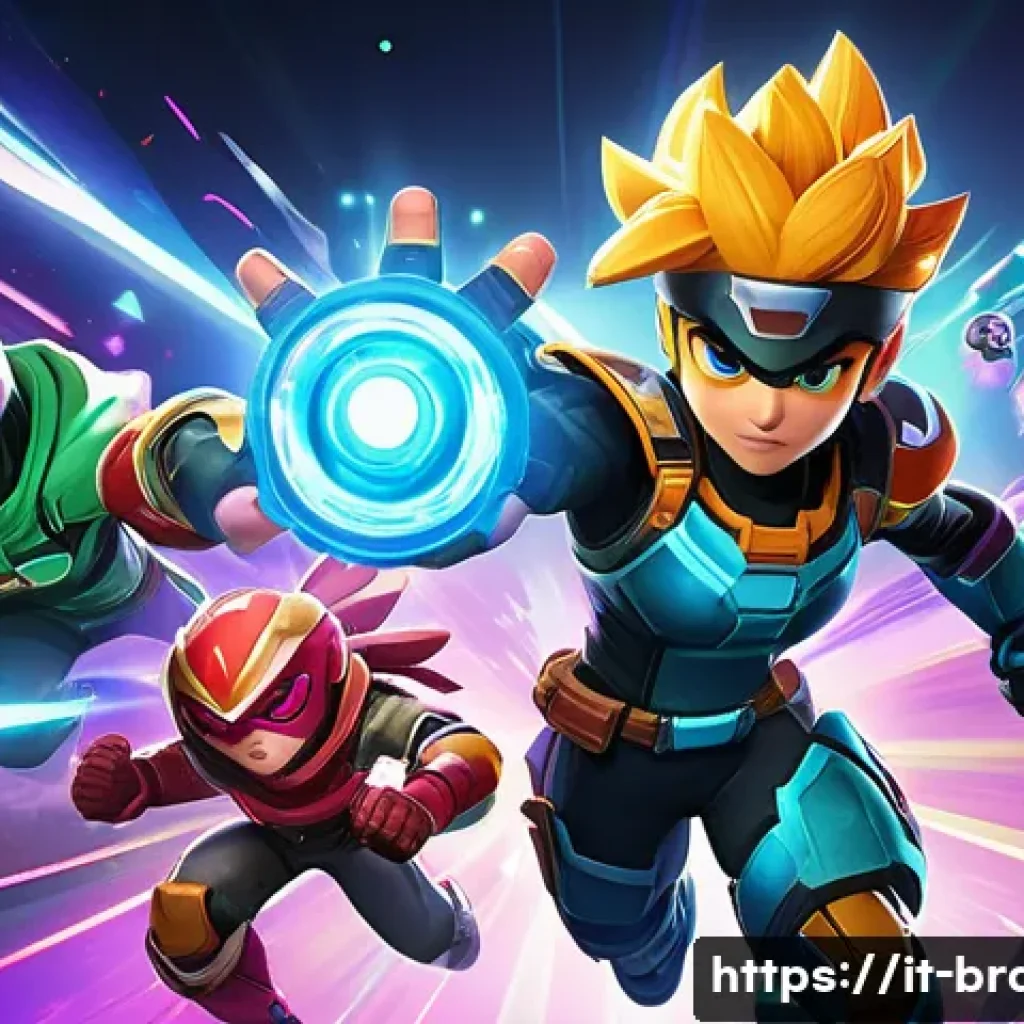 브롤스타즈 스타파워와 가젯 차이점 - A dynamic scene of a fast, agile Brawler character in colorful tactical gear, enhanced by glowing pa...