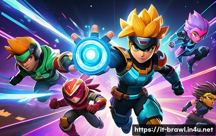 브롤스타즈 스타파워와 가젯 차이점 - A dynamic scene of a fast, agile Brawler character in colorful tactical gear, enhanced by glowing pa...
