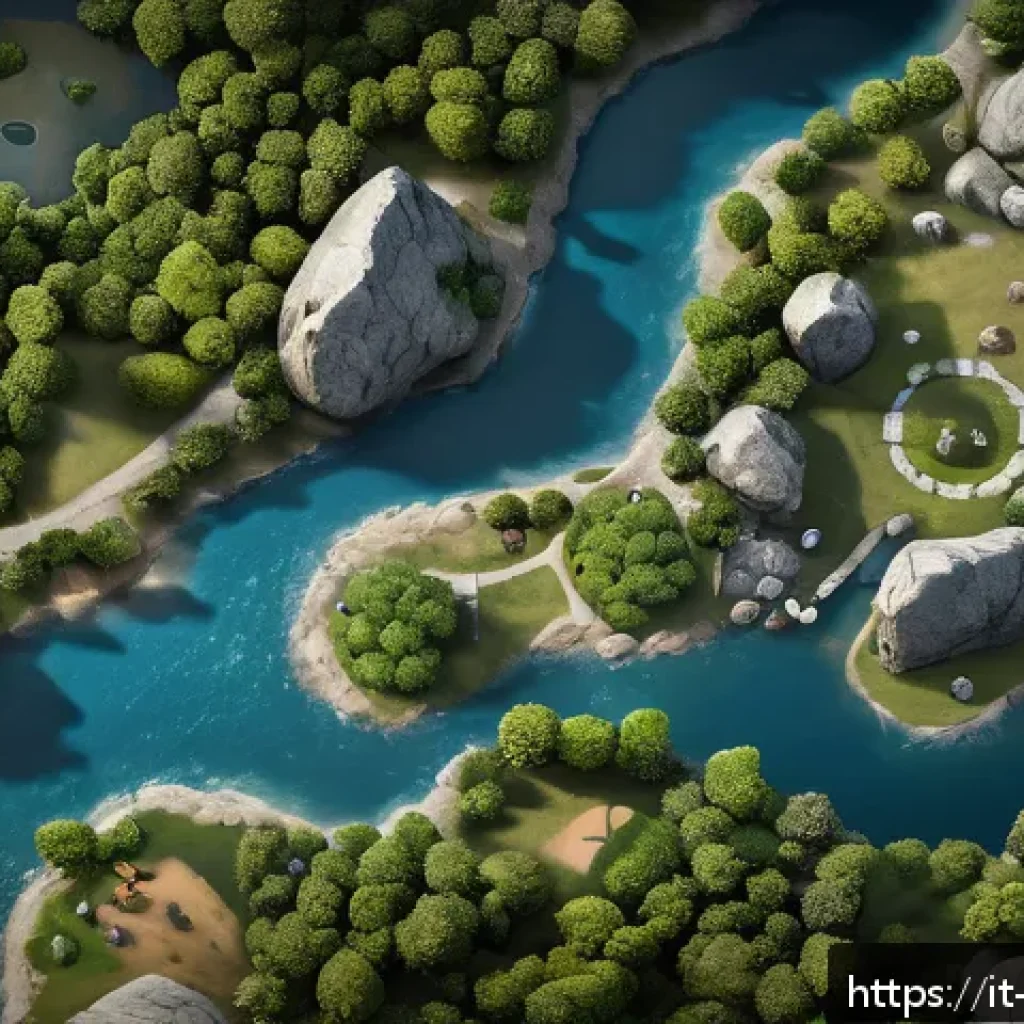 브롤스타즈 최고 난이도 맵 - A strategic top-down view of a complex battle map featuring natural obstacles like large rocks, dens...