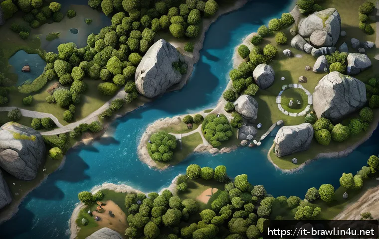 브롤스타즈 최고 난이도 맵 - A strategic top-down view of a complex battle map featuring natural obstacles like large rocks, dens...