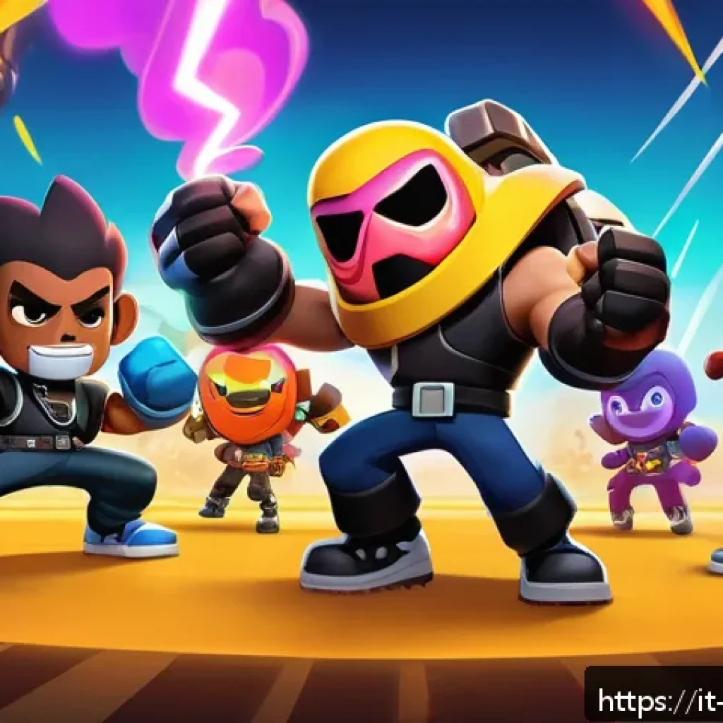 브롤스타즈 에너지 음료 활용 타이밍 - A dynamic and colorful digital illustration of a Brawl Stars 3v3 team mid-battle, with characters li...