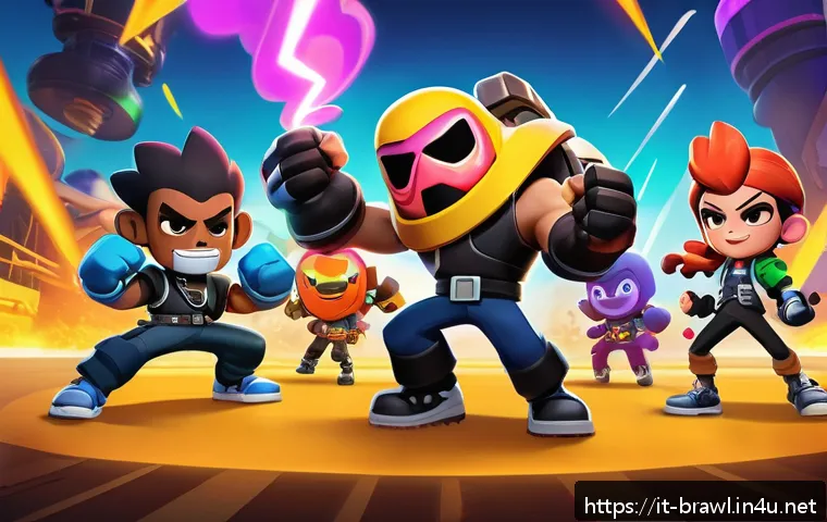 브롤스타즈 에너지 음료 활용 타이밍 - A dynamic and colorful digital illustration of a Brawl Stars 3v3 team mid-battle, with characters li...