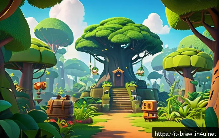 브롤스타즈 이벤트 맵 공략법 - A dynamic Brawl Stars event map scene titled "Enchanted Jungle," featuring dense, lush green foliage...