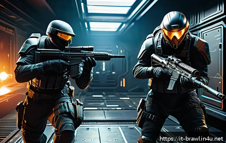 브롤스타즈 볼트 맵 운영법 - A dynamic tactical scene from the Vault map in a colorful arena game, showing four diverse character...