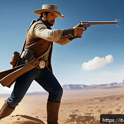 브롤스타즈 최고 화력 캐릭터 분석 - A dynamic battle scene featuring Colt, a sharp-shooting brawler, in an open desert map with clear bl...
