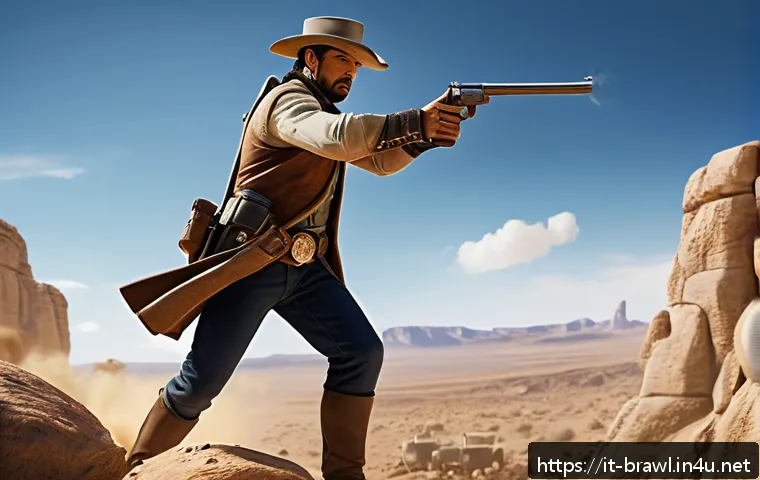 브롤스타즈 최고 화력 캐릭터 분석 - A dynamic battle scene featuring Colt, a sharp-shooting brawler, in an open desert map with clear bl...